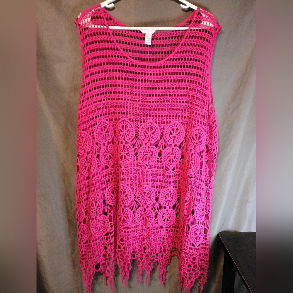 Established 1946 Plus Size Fuchsia Crochet Open Knit Cover Up